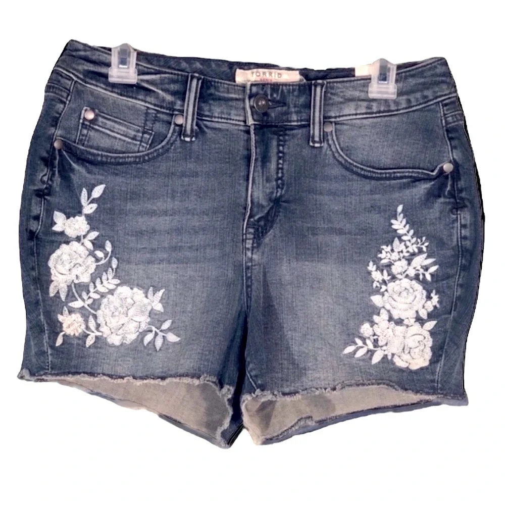 torrid Dark Wash Denim Shorts with White Floral Embroidery
